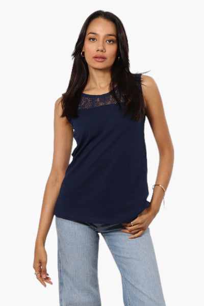 Majora Solid Lace Shoulder Tank Top - Navy - Womens Tees & Tank Tops - Fairweather