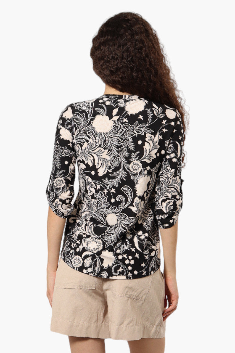 Beechers Brook Floral Half Zip Roll Up Sleeve Shirt - Black - Womens Shirts & Blouses - Fairweather