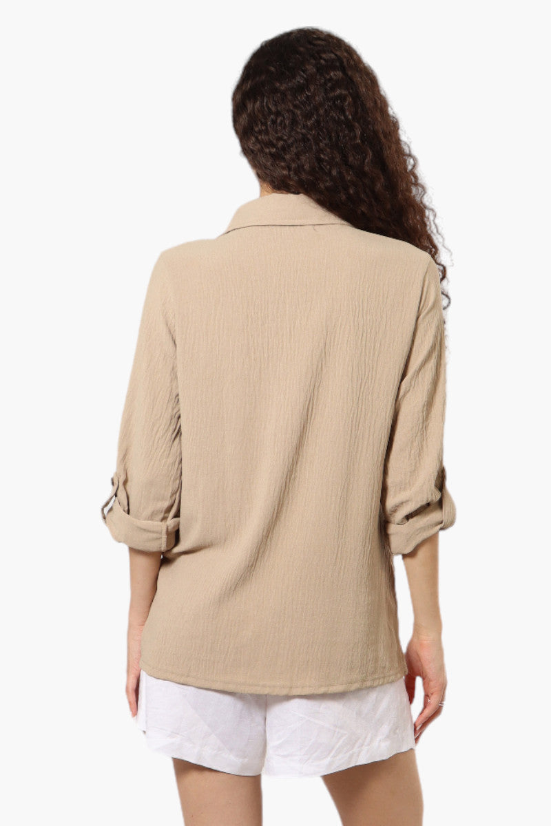 Urbanology Roll Up Sleeve Button Down Shirt - Beige - Womens Shirts & Blouses - Fairweather