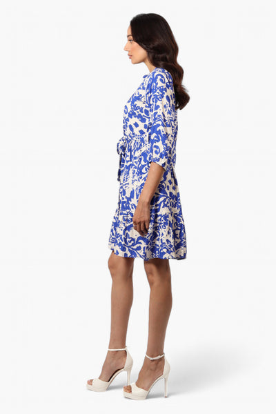 Beechers Brook Belted Patterned Button Down Day Dress - Blue - Womens Day Dresses - Fairweather