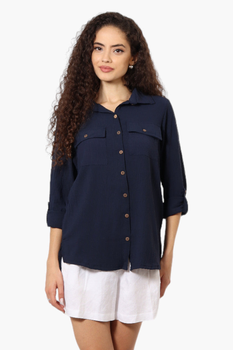 Urbanology Roll Up Sleeve Button Down Shirt - Navy - Womens Shirts & Blouses - Fairweather