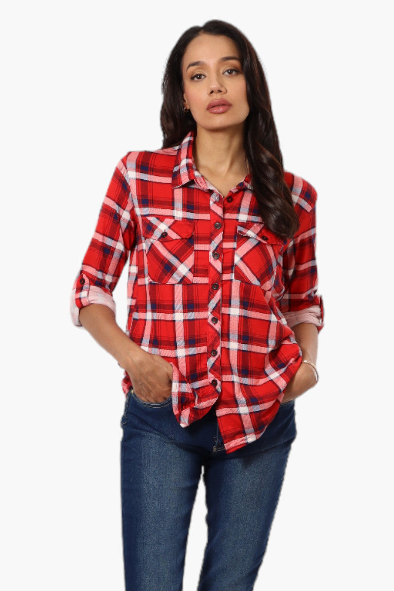 Urbanology Plaid Roll Up Sleeve Button Up Shirt - Red - Womens Shirts & Blouses - Fairweather