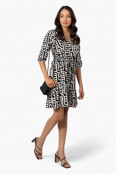 Beechers Brook Belted Patterned Button Down Day Dress - Black - Womens Day Dresses - Fairweather