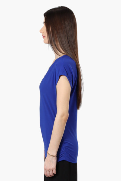 Beechers Brook Cap Sleeve Necklace Blouse - Blue - Womens Shirts & Blouses - Fairweather