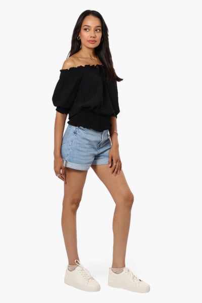 Urbanology Off Shoulder Tie Front Smock Blouse - Black - Womens Shirts & Blouses - Fairweather