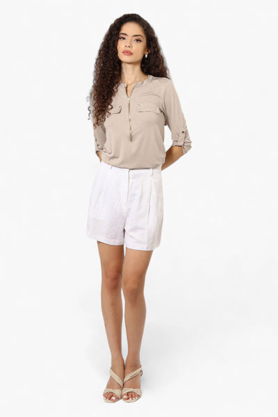 Beechers Brook Solid Half Zip Roll Up Sleeve Shirt - Beige - Womens Shirts & Blouses - Fairweather