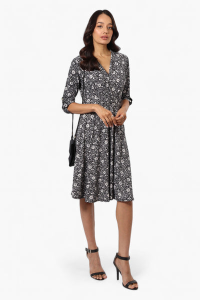 Beechers Brook Floral Crossover Button Up Sleeve Day Dress - Black - Womens Day Dresses - Fairweather