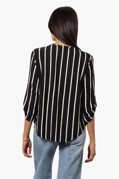 Beechers Brook Striped Roll Up Sleeve Necklace Blouse - Black - Womens Shirts & Blouses - Fairweather