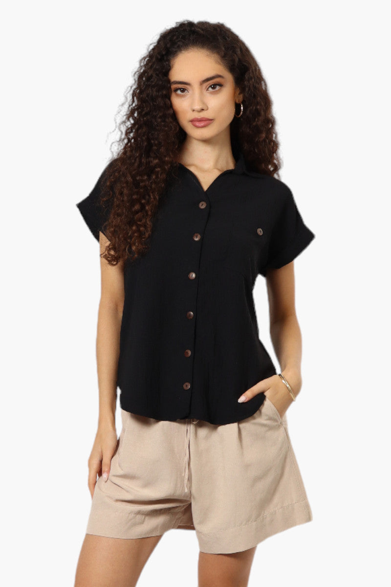 Urbanology Button Up Cap Sleeve Blouse - Black - Womens Shirts & Blouses - Fairweather