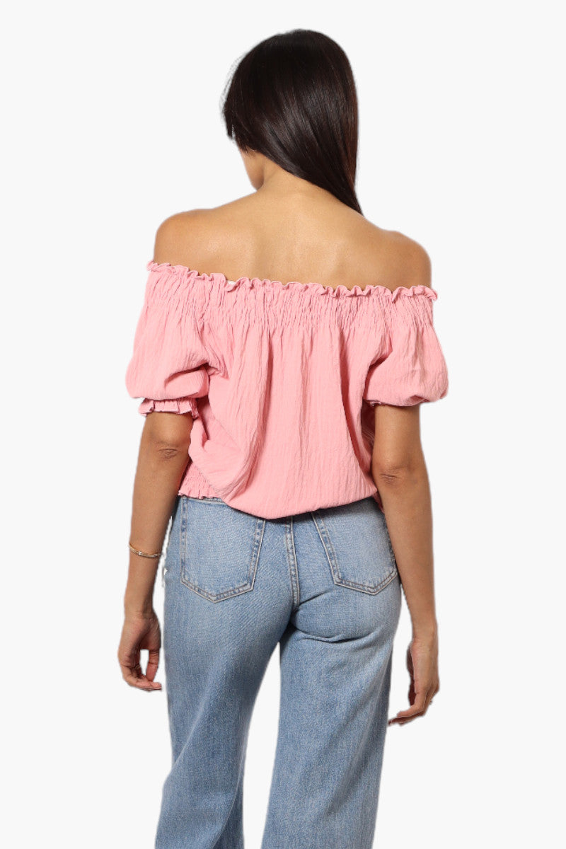 Urbanology Off Shoulder Tie Front Smock Blouse - Pink - Womens Shirts & Blouses - Fairweather