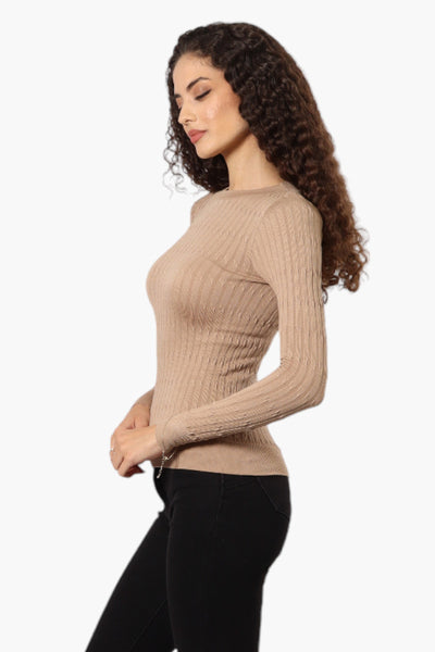 Magazine Solid Ribbed Crewneck Long Sleeve Top - Beige - Womens Long Sleeve Tops - Fairweather