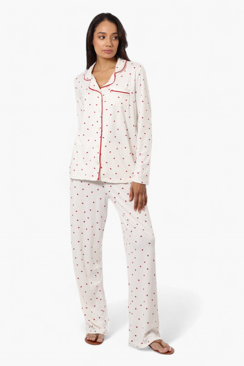 Canada Weather Gear Ladybug Pattern Button Down Pajama Top - White - Womens Pajamas - Fairweather