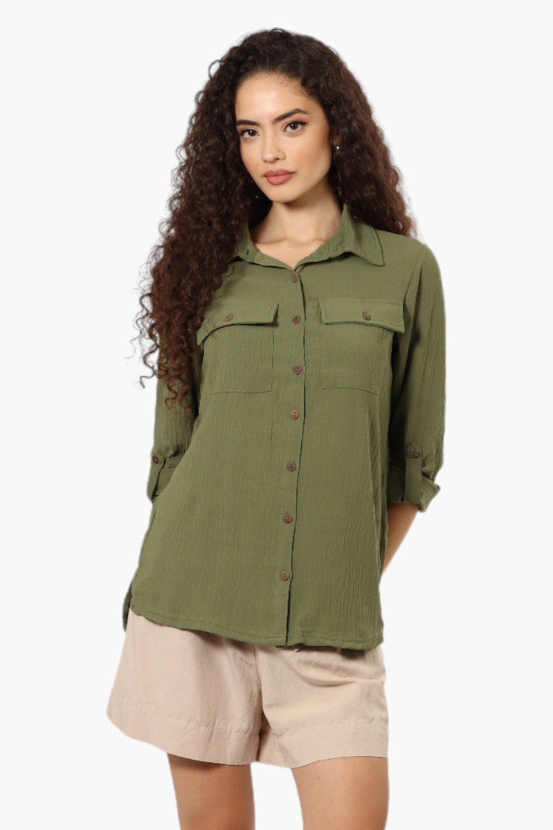 Urbanology Roll Up Sleeve Button Down Shirt - Olive - Womens Shirts & Blouses - Fairweather