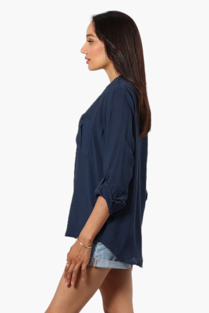 International INC Company Button Up Roll Up Sleeve Blouse - Navy - Womens Shirts & Blouses - Fairweather