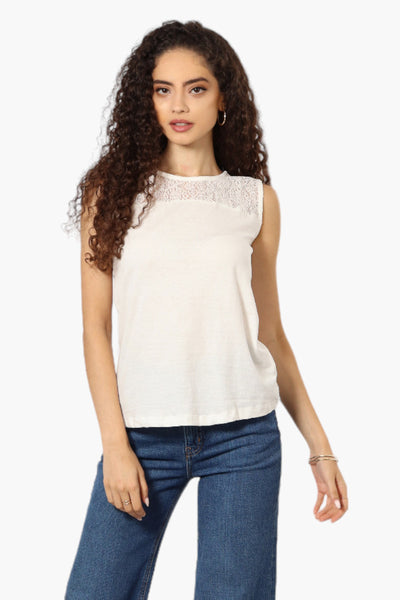 Majora Solid Lace Shoulder Tank Top - White - Womens Tees & Tank Tops - Fairweather