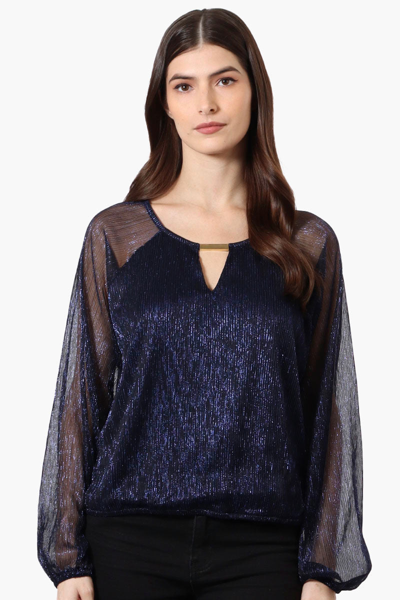 Limite Sheer Sleeve Lurex Keyhole Blouse - Navy - Womens Shirts & Blouses - Fairweather