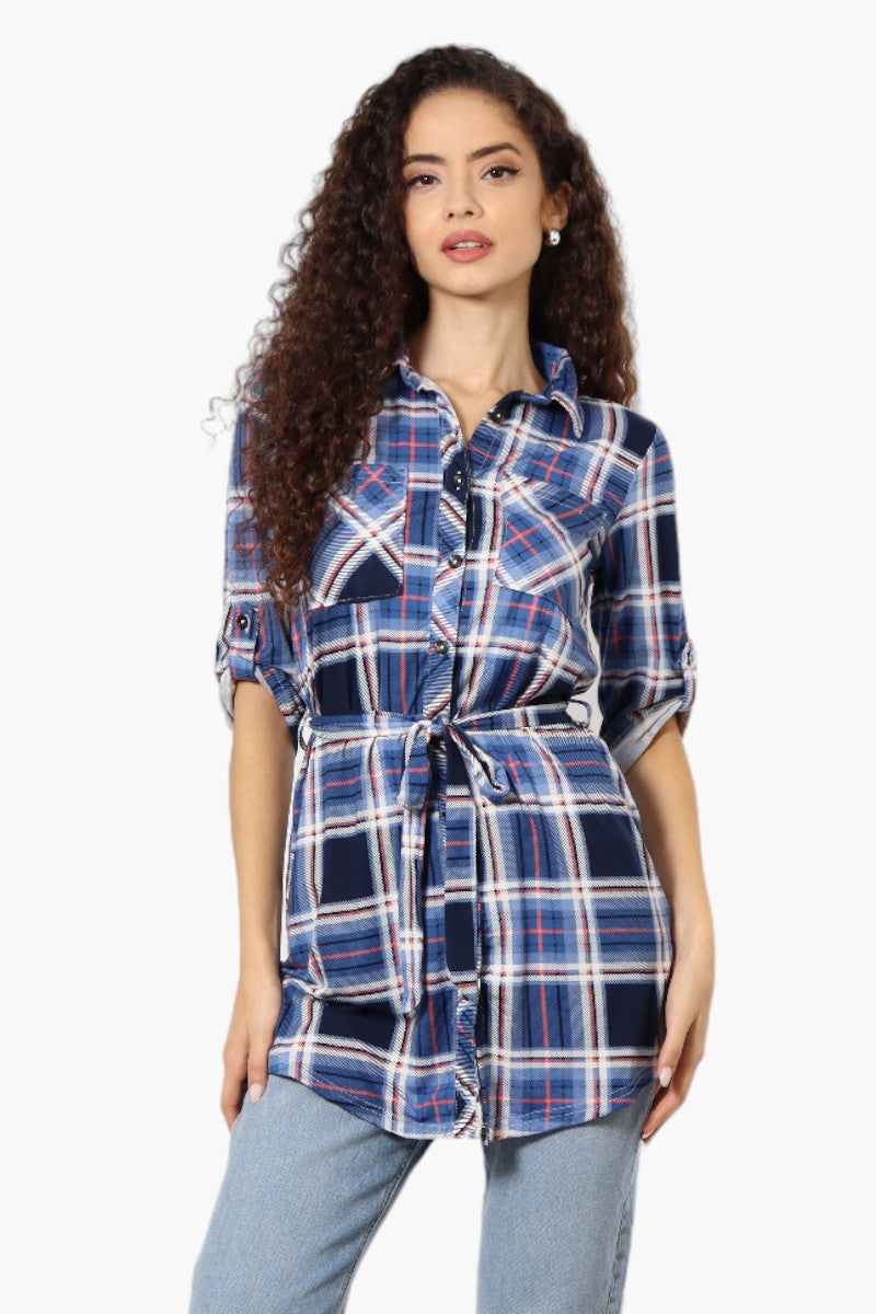 Urbanology Belted Striped Button Down Shirt - Blue - Womens Shirts & Blouses - Fairweather