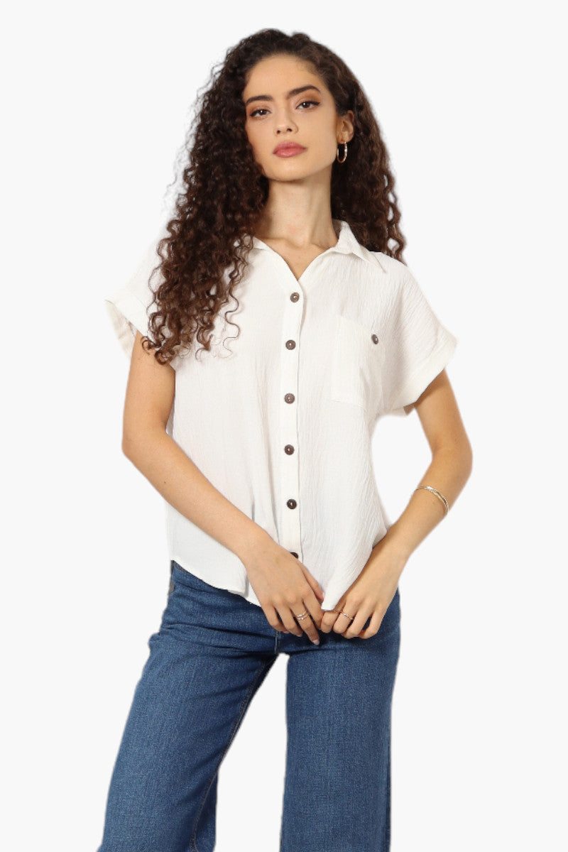 Urbanology Button Up Cap Sleeve Blouse - White - Womens Shirts & Blouses - Fairweather