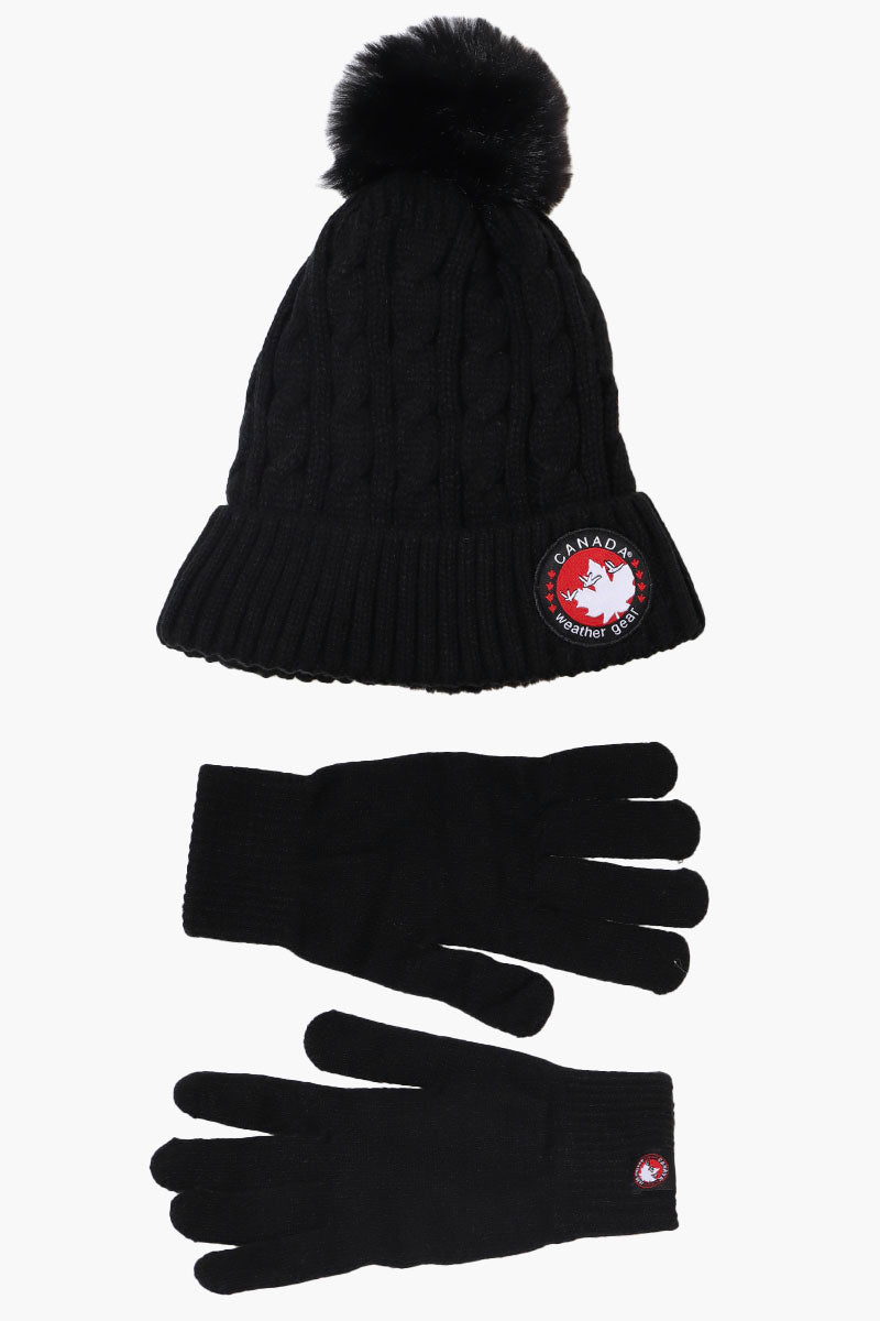 Canada Weather Gear Gloves Pom Pom Hat Set - Black - Womens Hats - Fairweather