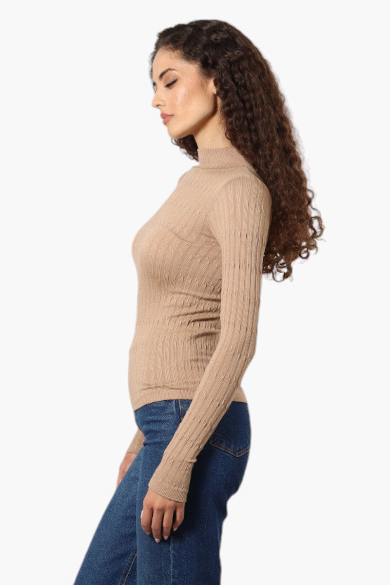 Magazine Ribbed Mock Neck Long Sleeve Top - Beige - Womens Long Sleeve Tops - Fairweather