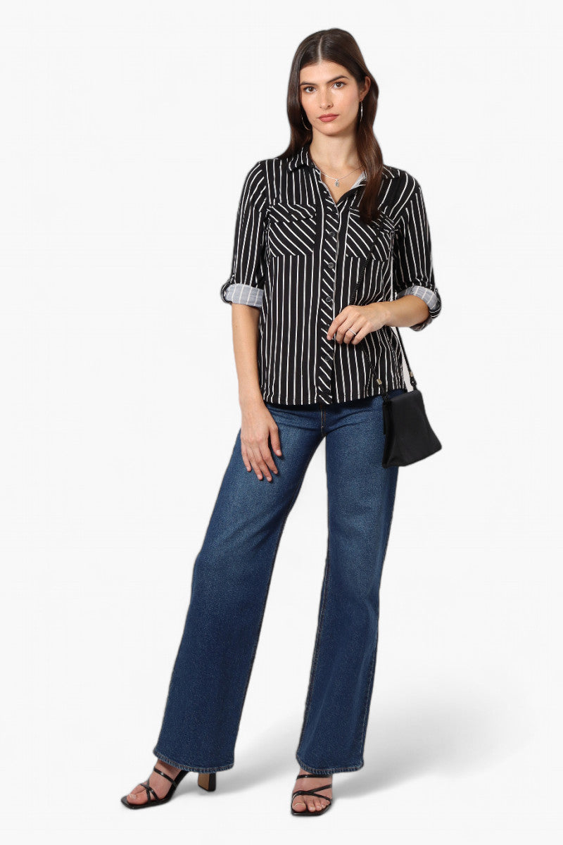 Urbanology Striped Roll Up Sleeve Button Up Shirt - Black - Womens Shirts & Blouses - Fairweather