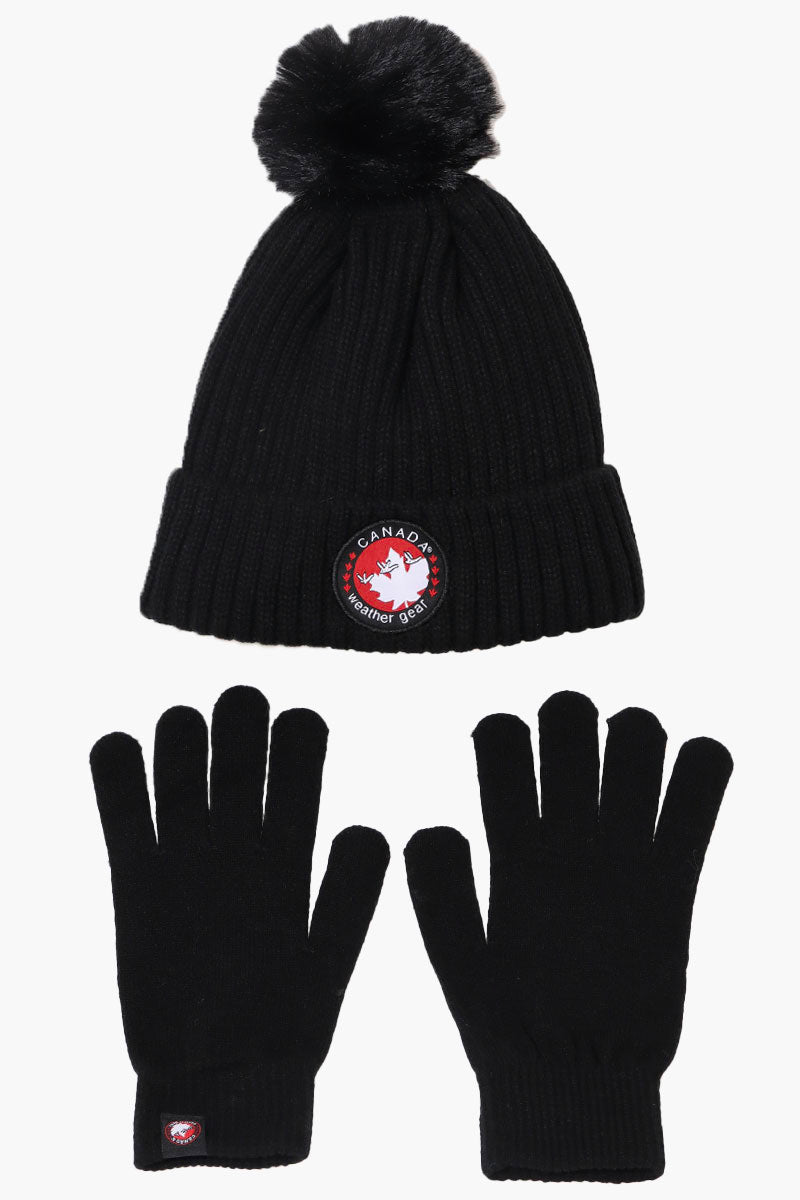 Canada Weather Gear Gloves Pom Pom Hat Set - Black - Womens Hats - Fairweather