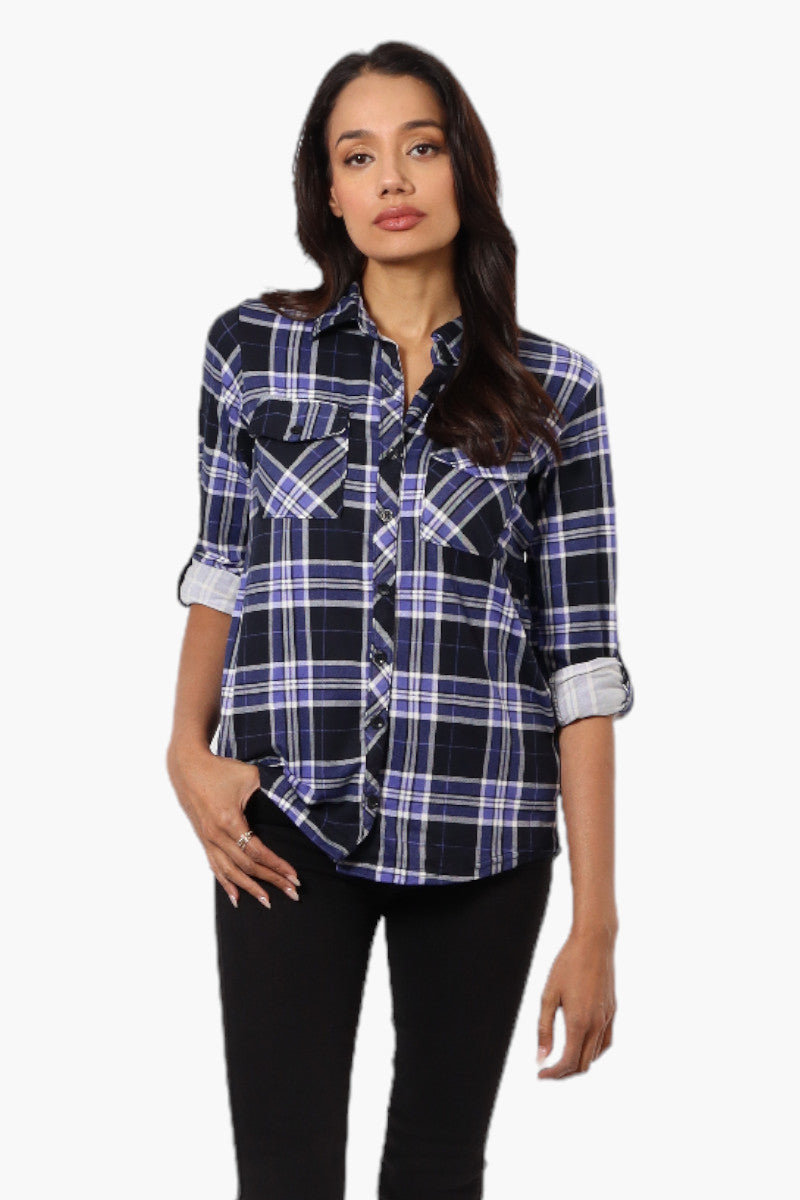 Urbanology Plaid Roll Up Sleeve Button Up Shirt - Navy - Womens Shirts & Blouses - Fairweather