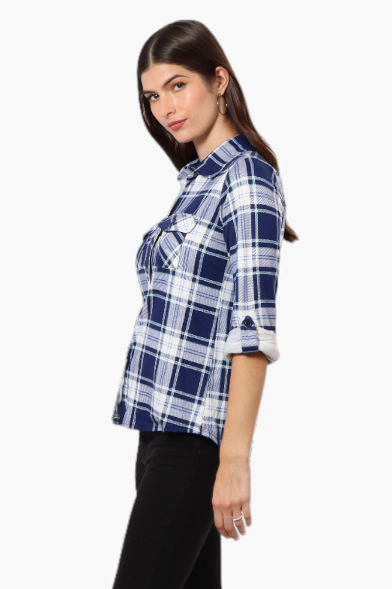 Urbanology Plaid Roll Up Sleeve Button Up Shirt - Blue - Womens Shirts & Blouses - Fairweather