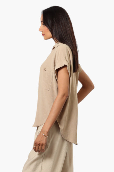 Urbanology Button Up Cap Sleeve Blouse - Beige - Womens Shirts & Blouses - Fairweather