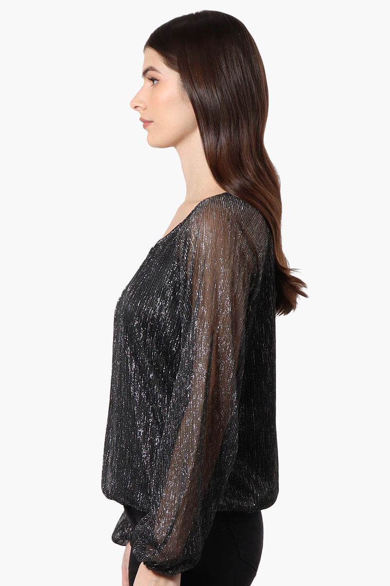 Limite Sheer Sleeve Lurex Keyhole Blouse - Black - Womens Shirts & Blouses - Fairweather