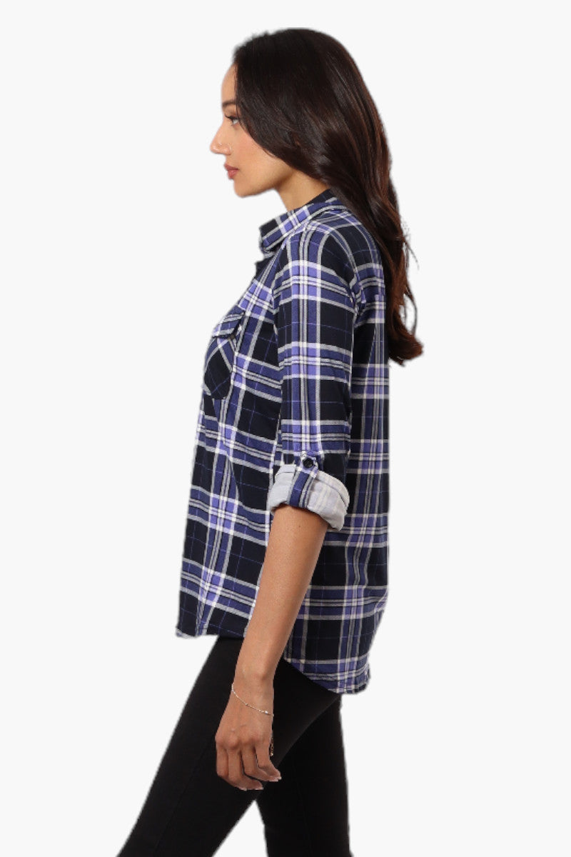 Urbanology Plaid Roll Up Sleeve Button Up Shirt - Navy - Womens Shirts & Blouses - Fairweather