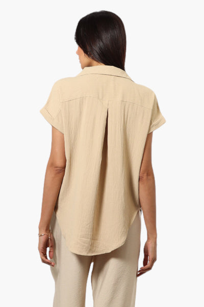 Urbanology Button Up Cap Sleeve Blouse - Beige - Womens Shirts & Blouses - Fairweather