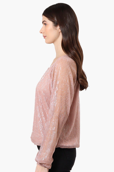 Limite Sheer Sleeve Lurex Keyhole Blouse - Pink - Womens Shirts & Blouses - Fairweather