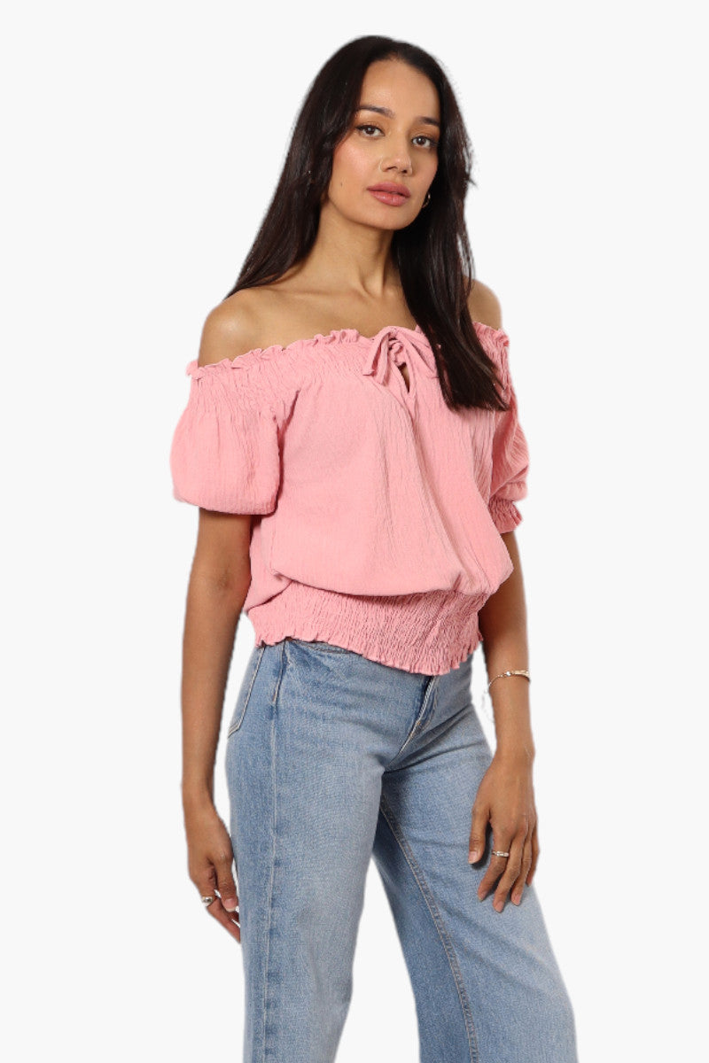 Urbanology Off Shoulder Tie Front Smock Blouse - Pink - Womens Shirts & Blouses - Fairweather