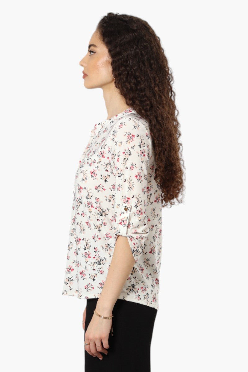 Beechers Brook Floral Roll Up Sleeve Henley Shirt - White - Womens Shirts & Blouses - Fairweather