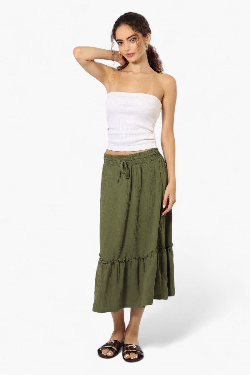 Urbanology Solid Tie Waist Tiered Skirt - Olive - Womens Skirts - Fairweather