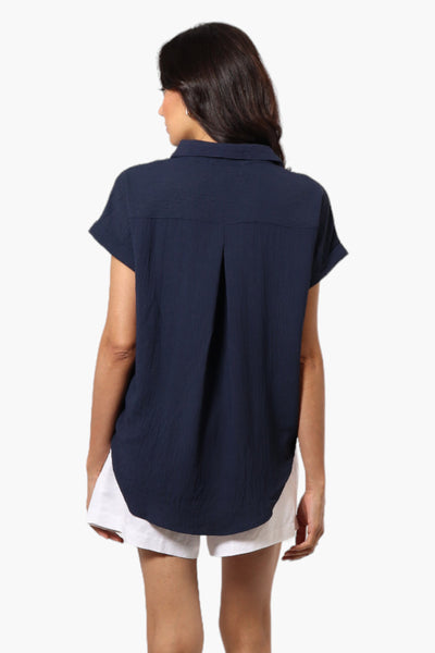 Urbanology Button Up Cap Sleeve Blouse - Navy - Womens Shirts & Blouses - Fairweather