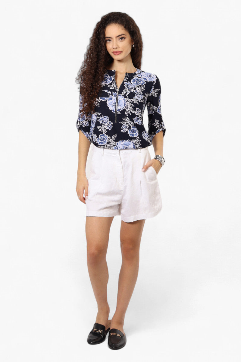 Beechers Brook Floral Half Zip Roll Up Sleeve Shirt - Navy - Womens Shirts & Blouses - Fairweather