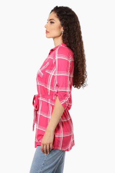 Urbanology Belted Striped Button Down Shirt - Pink - Womens Shirts & Blouses - Fairweather