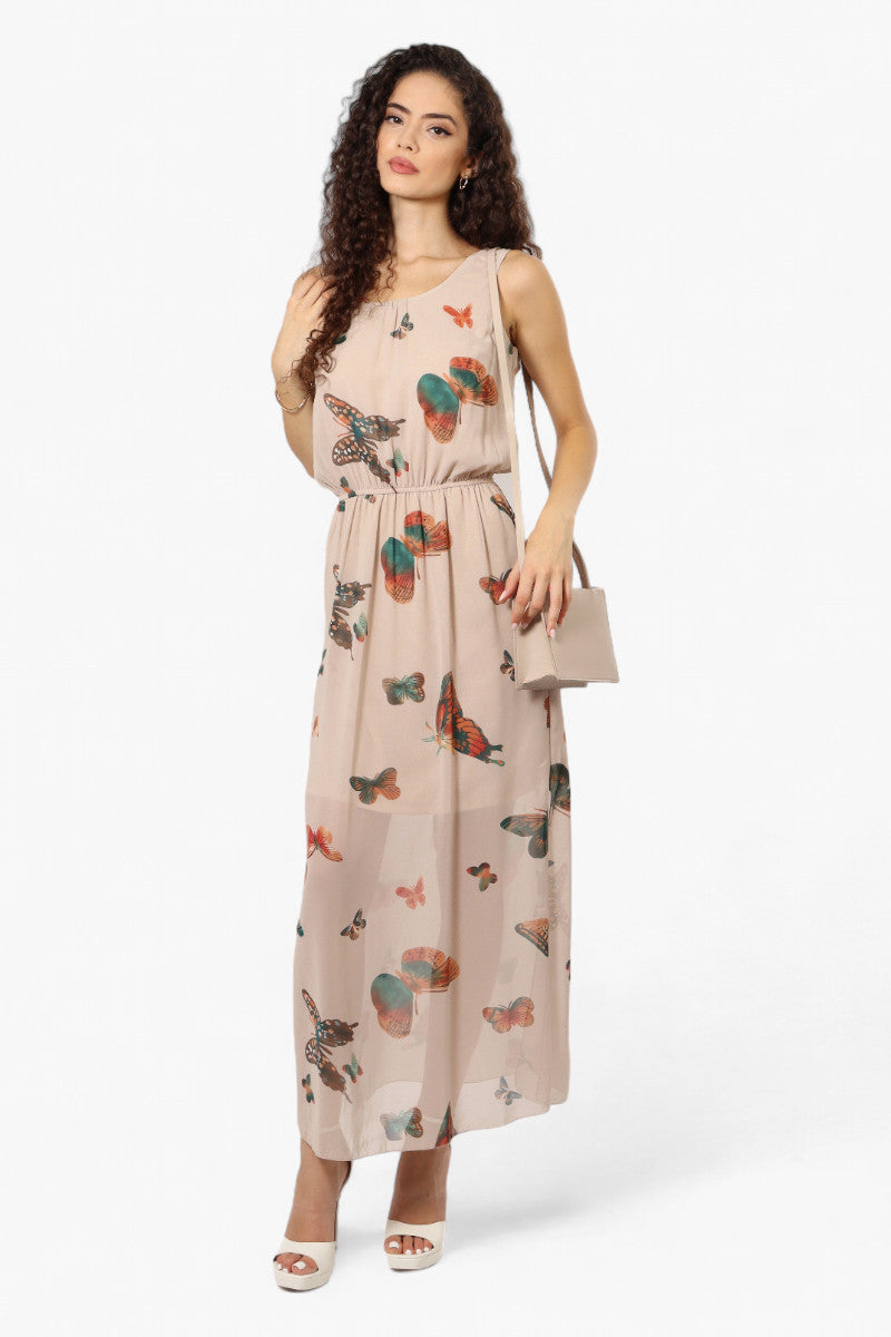 Limite Butterfly Pattern Sleeveless Tank Maxi Dress - Taupe - Womens Maxi Dresses - Fairweather