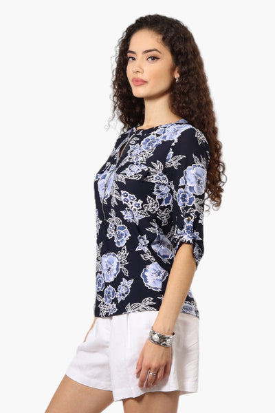 Beechers Brook Floral Half Zip Roll Up Sleeve Shirt - Navy - Womens Shirts & Blouses - Fairweather