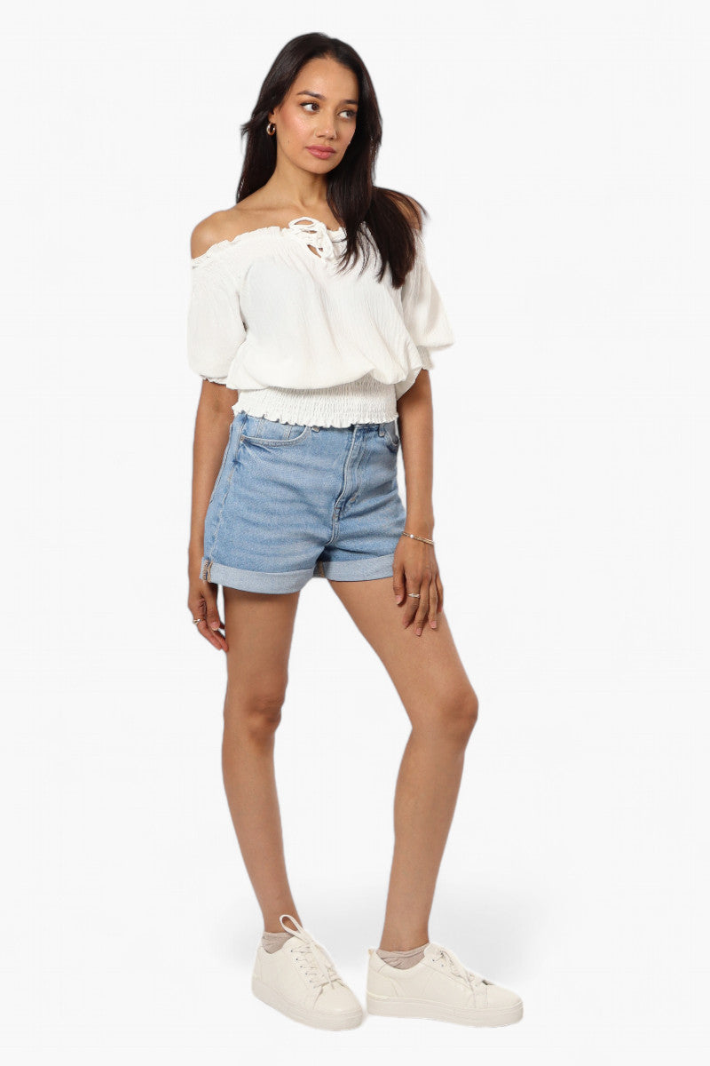 Urbanology Off Shoulder Tie Front Smock Blouse - White - Womens Shirts & Blouses - Fairweather