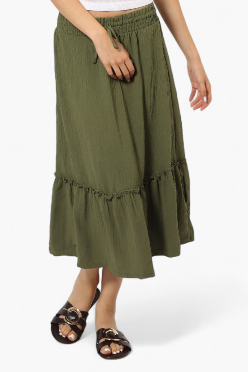 Urbanology Solid Tie Waist Tiered Skirt - Olive - Womens Skirts - Fairweather