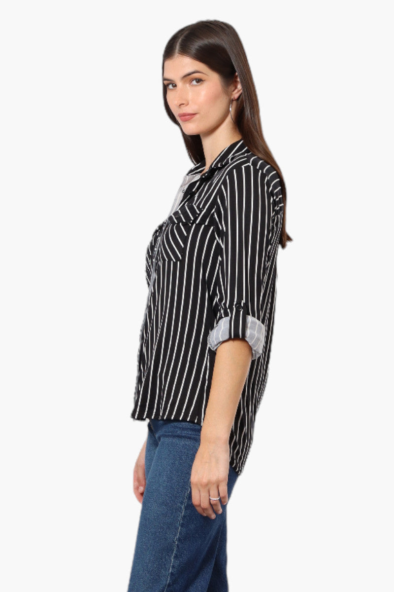 Urbanology Striped Roll Up Sleeve Button Up Shirt - Black - Womens Shirts & Blouses - Fairweather