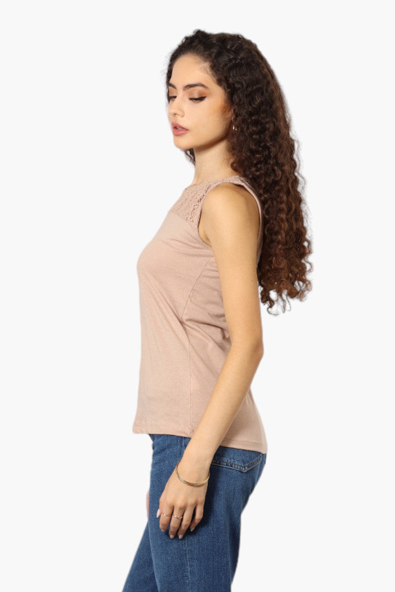 Majora Solid Lace Shoulder Tank Top - Beige - Womens Tees & Tank Tops - Fairweather