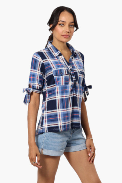 Urbanology Plaid Tie Sleeve Shirt - Blue - Womens Shirts & Blouses - Fairweather