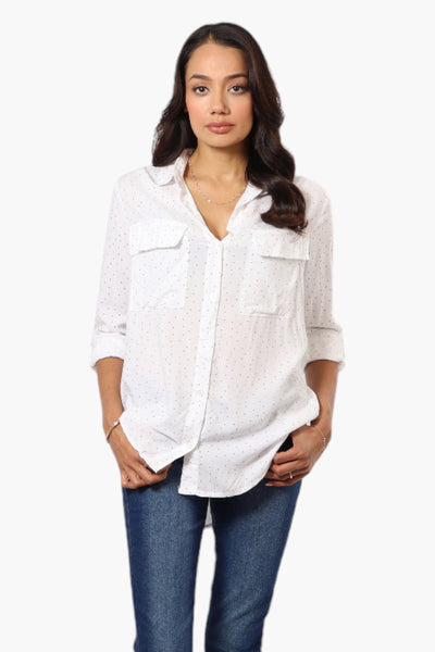 Beechers Brook Dotted Roll Up Sleeve Blouse - White - Womens Shirts & Blouses - Fairweather