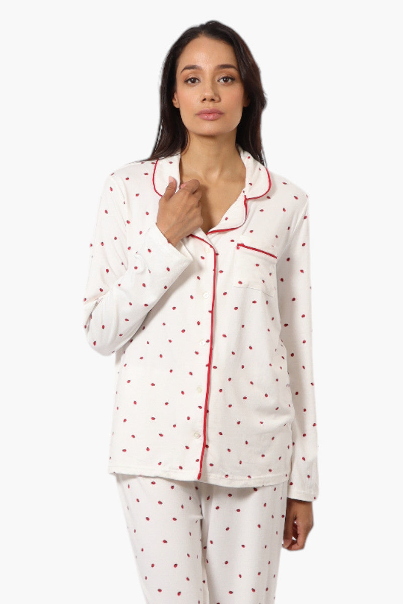 Canada Weather Gear Ladybug Pattern Button Down Pajama Top - White - Womens Pajamas - Fairweather