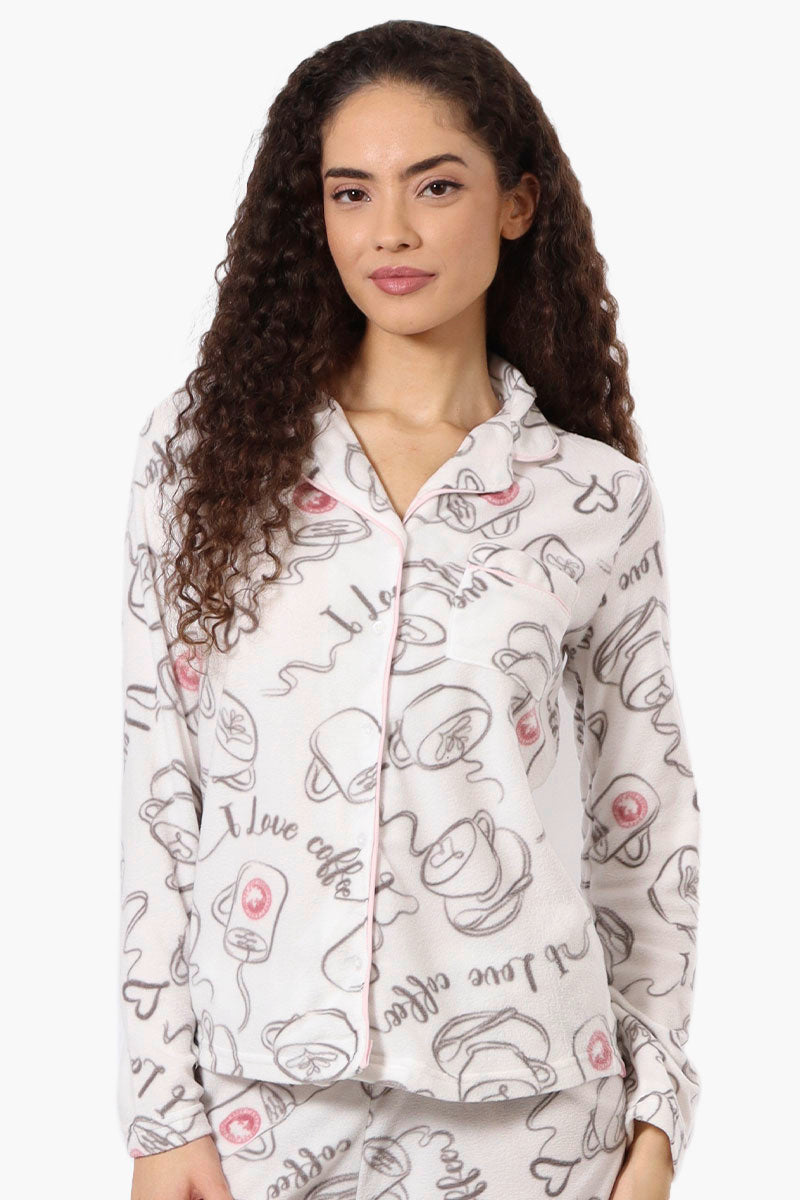 Canada Weather Gear Coffee Pattern Button Down Pajama Top - White - Womens Pajamas - Fairweather