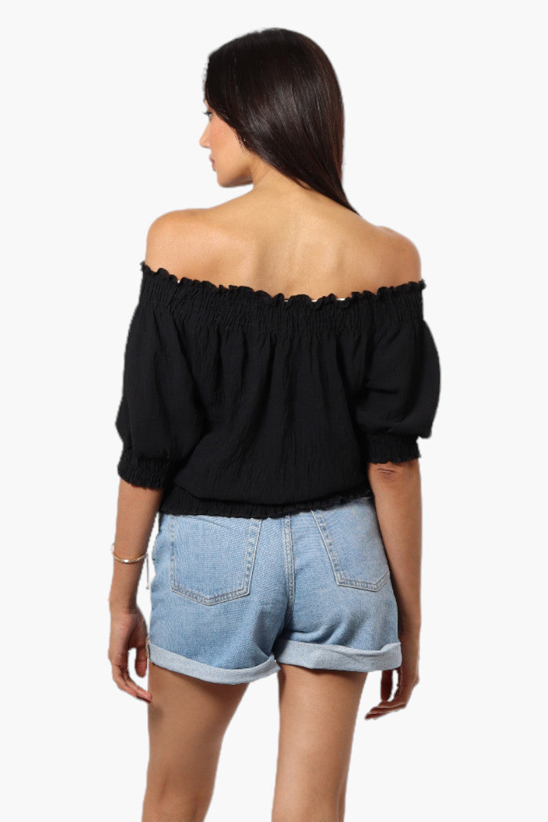 Urbanology Off Shoulder Tie Front Smock Blouse - Black - Womens Shirts & Blouses - Fairweather